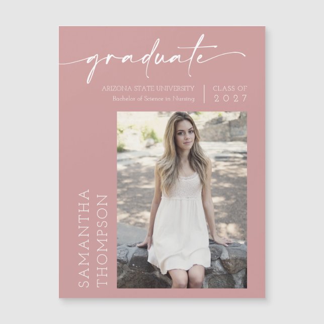 Dusty Pink Minimalist Script Photo Graduate Magnet (Front)