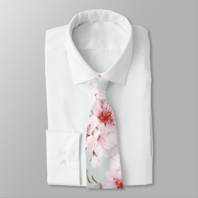 Dusty Pink MInt Watercolor Cherry Blossoms Neck Tie (Tied)