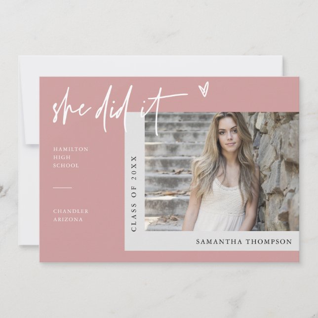 Dusty Pink Modern Boho She Did It Grad Photo Invitation (Front)