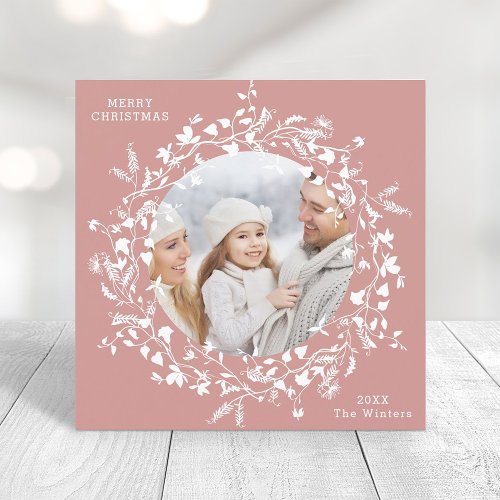 Dusty Pink Modern Boho Wildflower Square Photo Holiday Card