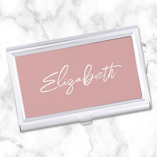 Dusty Pink Modern Brush Script First Name Business Card Case