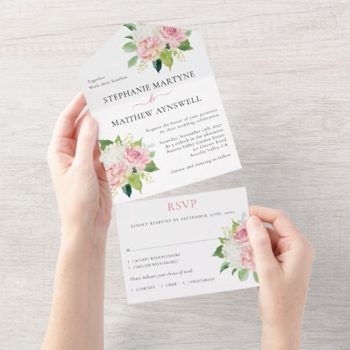 Dusty Pink Modern Floral Botanical Wedding All In One Invitation