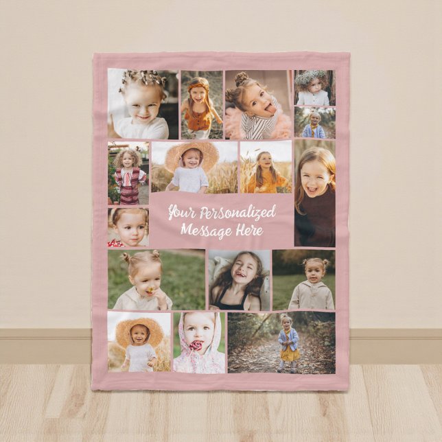 Dusty Pink Modern Personalized 16 Photo Collage Fleece Blanket (Creator Uploaded)