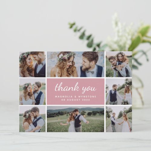 Dusty Pink Modern Photo Collage Wedding   Thank You Card