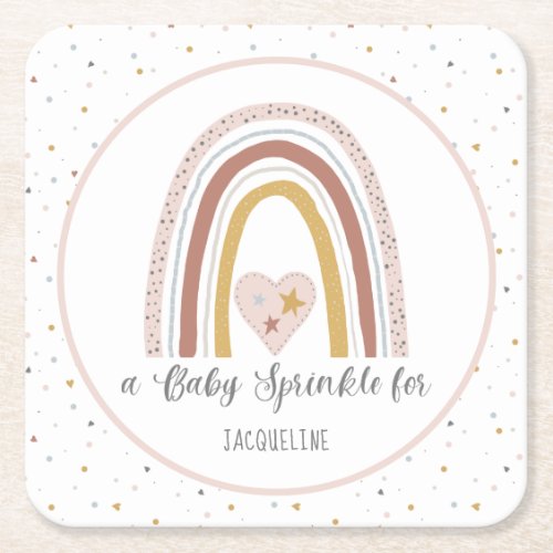 Dusty Pink Modern Rainbow Gold Girl Baby Sprinkle Square Paper Coaster