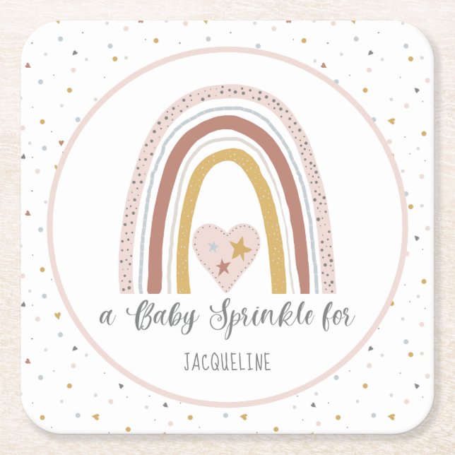 Dusty Pink Modern Rainbow Gold Girl Baby Sprinkle Square Paper Coaster (Front)