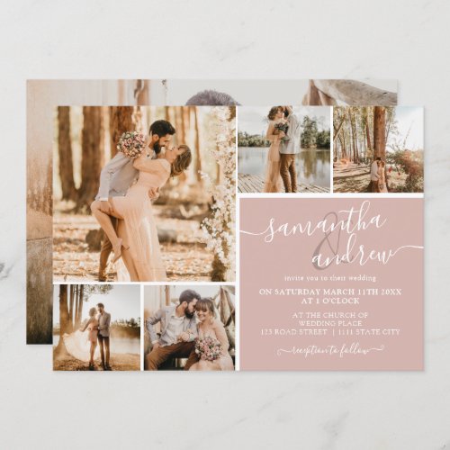 Dusty pink modern script 6 photos wedding invitation