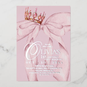 Dusty Pink Modern Trendy Bow 1st Birthday Foil Invitation