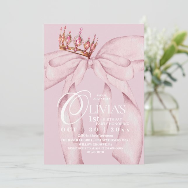 Dusty Pink Modern Trendy Bow 1st Birthday  Invitation (Standing Front)