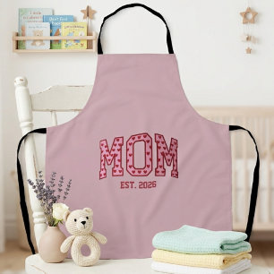 Dusty Pink Mom Est Year Heart Varsity Typography Apron