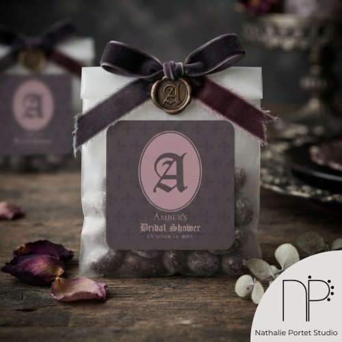 Dusty Pink Monogram Fleur-de-Lis Square Sticker