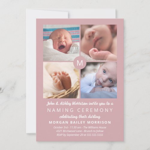 Dusty Pink Monogram Photo Collage Naming Ceremony Invitation