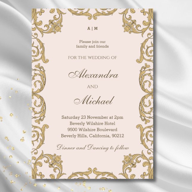 Dusty Pink Monogram Vintage Baroque Wedding  Invitation (Creator Uploaded)