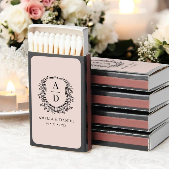 Dusty Pink Monogram Wedding Floral Crest Matchboxes (Creator Uploaded)