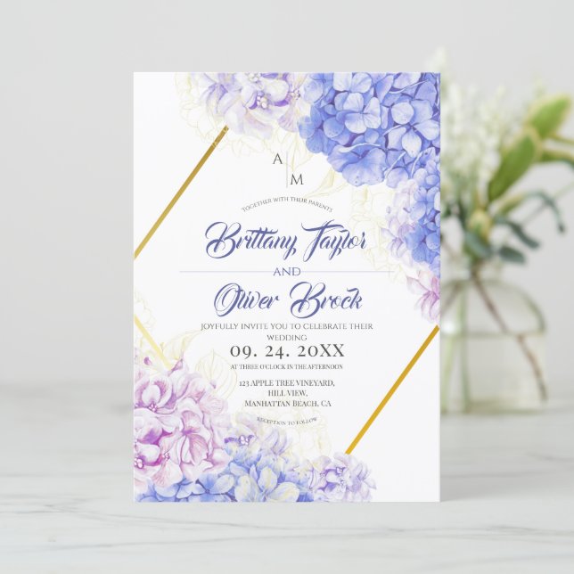 Dusty Pink & Navy Blue Flora Hydrangea Wedding Invitation (Standing Front)