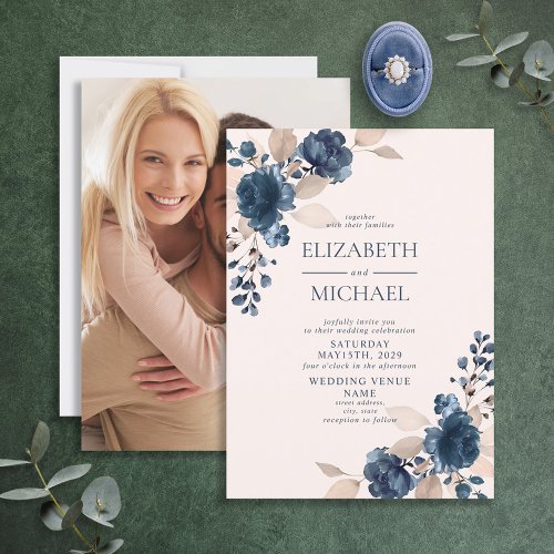 Dusty Pink Navy Blue Floral Photo Rustic Wedding Invitation