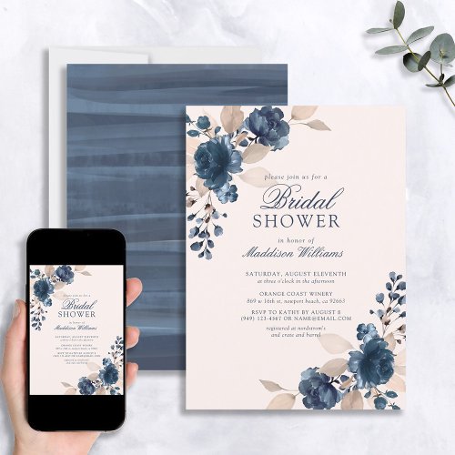 Dusty Pink Navy Blue Flowers Rustic Bridal Shower Invitation