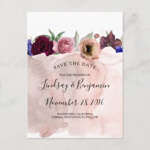 Dusty Pink Navy Burgundy Red Floral Save the Date Announcement Postcard