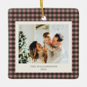 Dusty Pink Olive Gingham Family Photo Personalized Ceramic Ornament