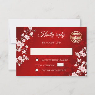 Dusty PInk Oriental Flora Red RSVP Chinese Wedding Invitation