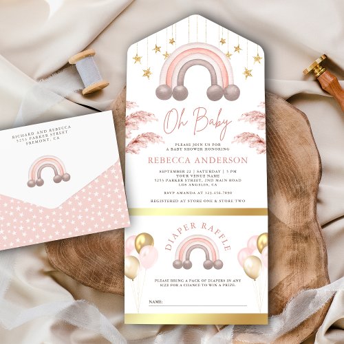 Dusty Pink Pampas Boho Rainbow Girl Baby Shower All In One Invitation