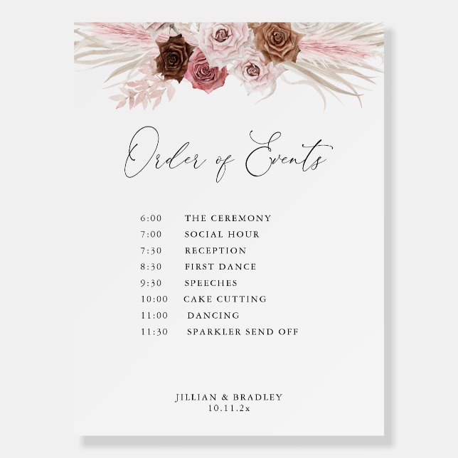 dusty pink pampas floral wedding timeline sign (Front)