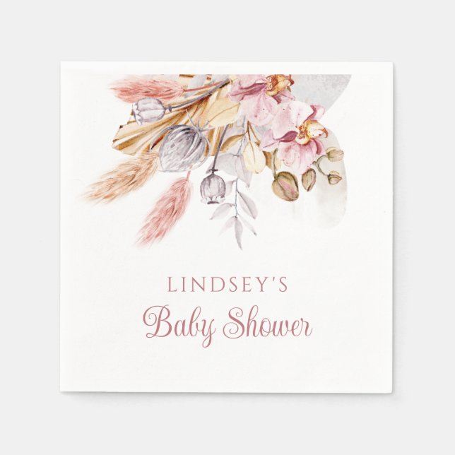 Dusty Pink Pampas Grass Boho Floral Baby Shower Napkins (Front)