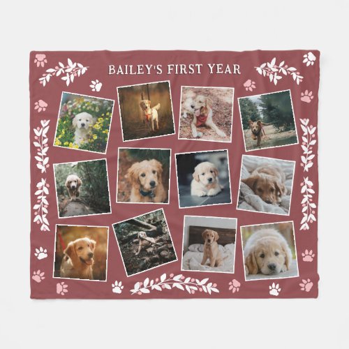 Dusty Pink Paws Greenery Puppys First Year Photos Fleece Blanket