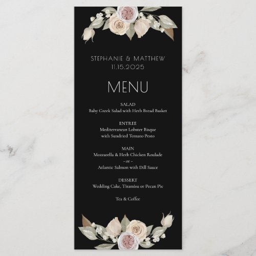 Dusty Pink Peach Floral Botanical Black Wedding Menu