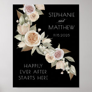 Dusty Pink Peach Flowy Botanical Black Wedding Poster