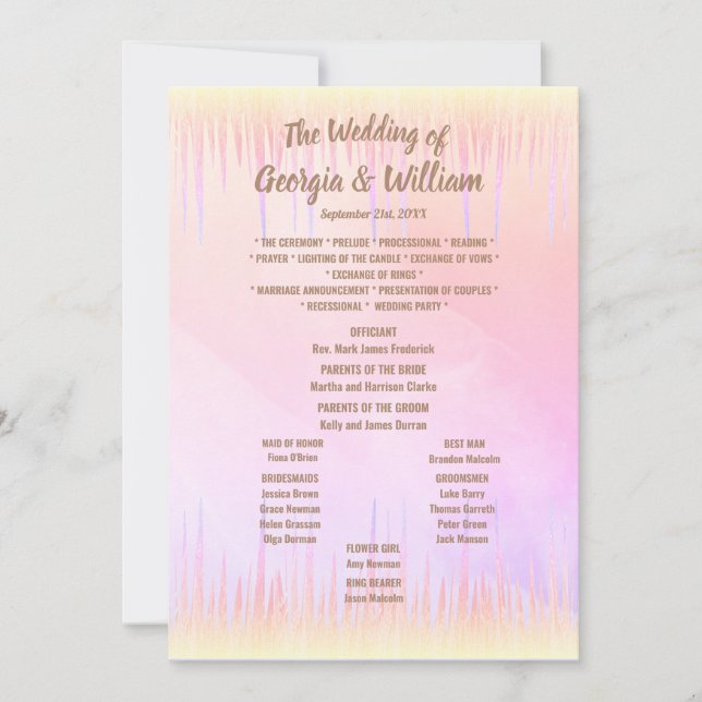 Dusty Pink Peach Icicle Wedding program Menu Chart (Front)