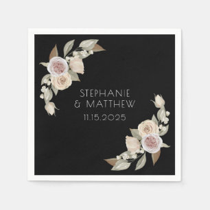 Dusty Pink Peach Rose Botanical Black Wedding Napkins