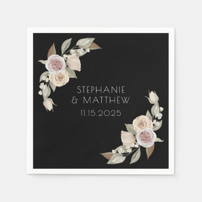 Dusty Pink Peach Rose Botanical Black Wedding Napkins (Front)