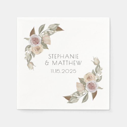 Dusty Pink Peach Rose Botanical Floral Wedding Napkins