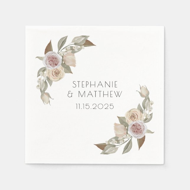 Dusty Pink Peach Rose Botanical Floral Wedding Napkins (Front)