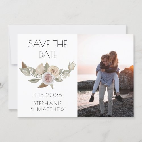 Dusty Pink Peach Rose Botanical Photo Wedding Save The Date