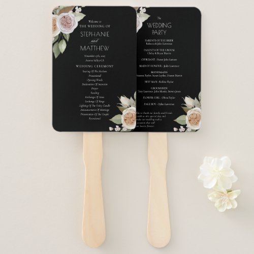 Dusty Pink Peach Rose Floral Black Wedding Program Hand Fan