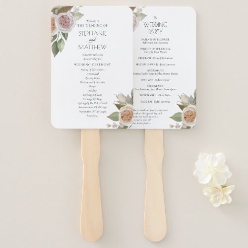 Dusty Pink Peach Rose Floral Wedding Program Hand Fan