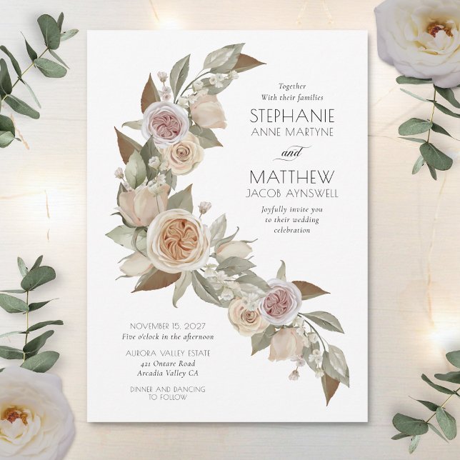 Dusty Pink Peach Rose Flowy Botanical Wedding Invitation (Creator Uploaded)