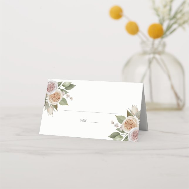Dusty Pink Peach Roses Botanical Floral Wedding Place Card (Front)