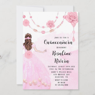 Dusty Pink Pearls Flora Girl Quinceanera Birthday Invitation