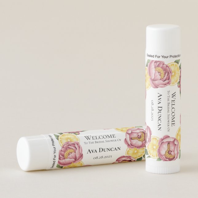 Dusty Pink Peonies and Lemon Bridal Shower Favor Lip Balm (Front)
