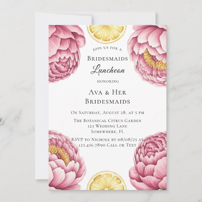 Dusty Pink Peonies and Lemon Bridesmaids Luncheon Invitation (Front)