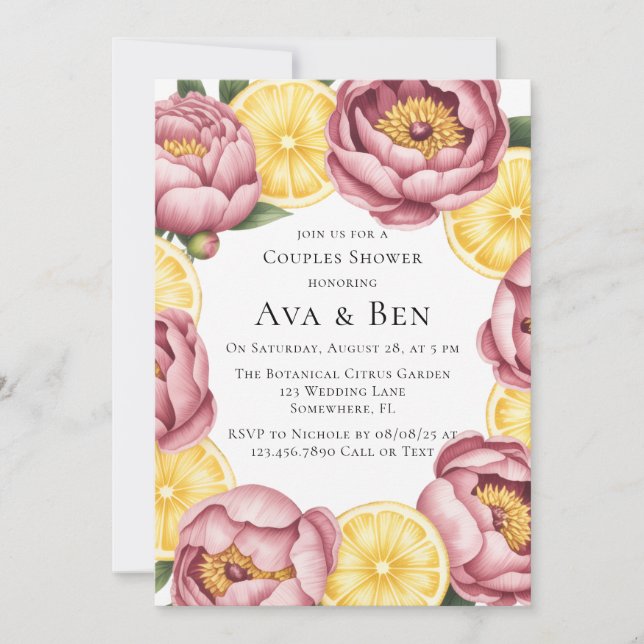 Dusty Pink Peonies and Lemon Couples Shower Invitation (Front)