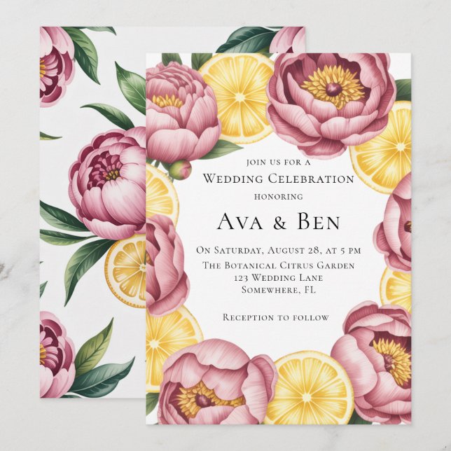 Dusty Pink Peonies and Lemon Wedding Celebration Invitation (Front/Back)