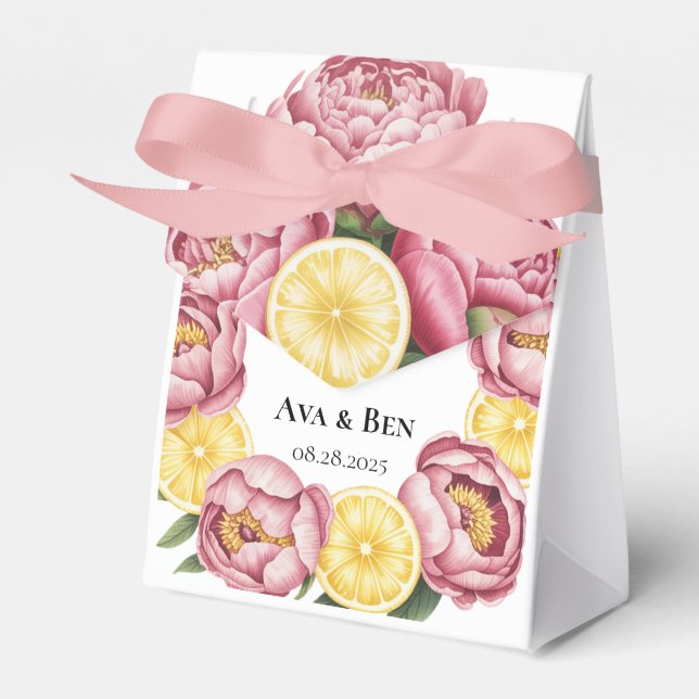 Dusty Pink Peonies and Lemon Wedding Favor Boxes (Front Side)