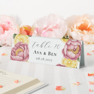 Dusty Pink Peonies and Lemon Wedding Table Numbers Tent
