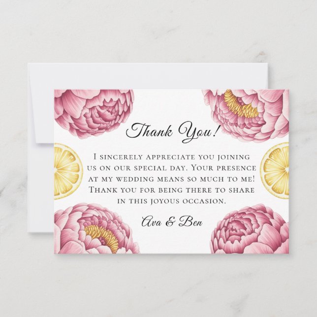 Dusty Pink Peonies and Lemon Wedding Thank You Card (Front)