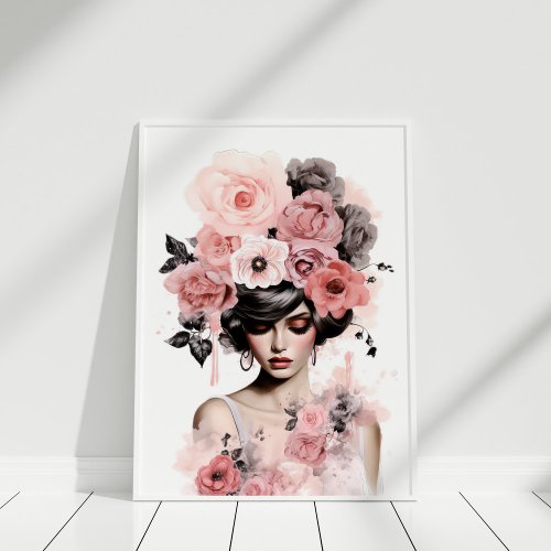 Dusty Pink Peonies Floral Fashion Portrait Poster