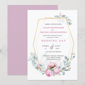 Dusty Pink Peonies Geometric Gold Frame Wedding  Invitation